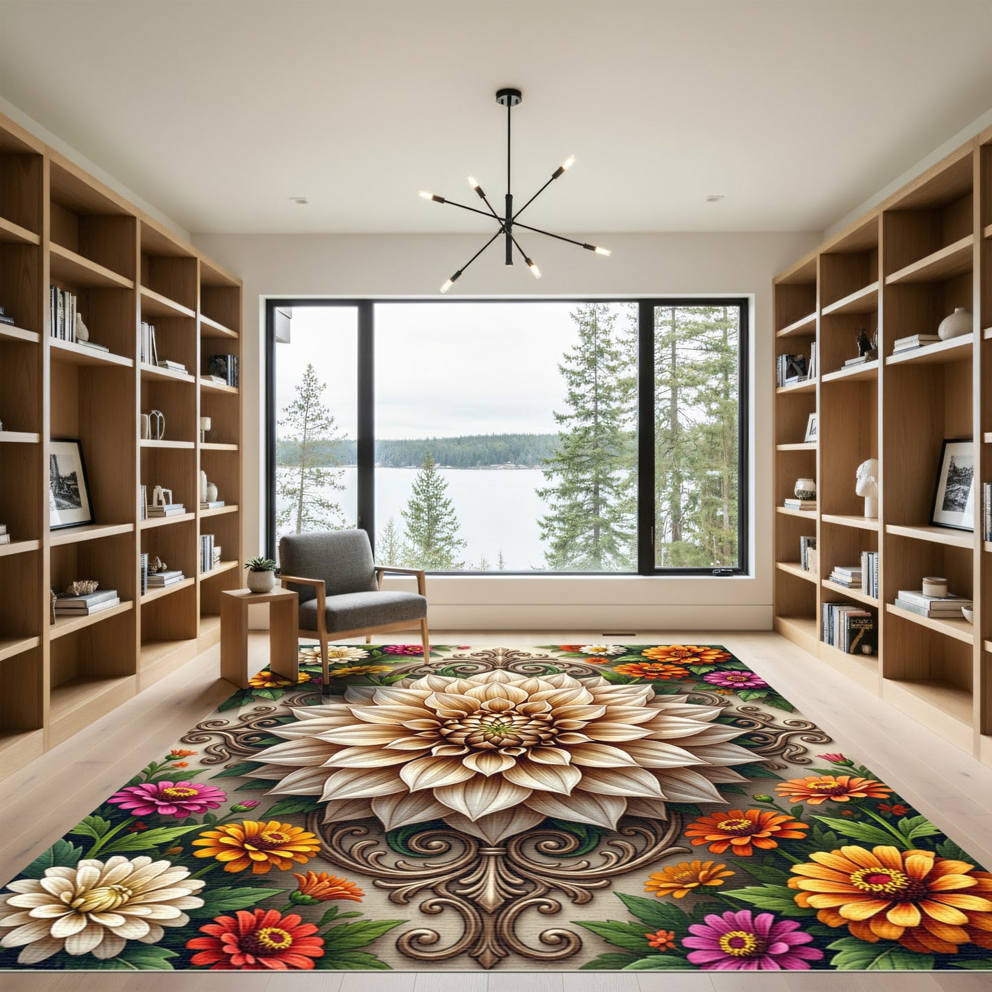 Elegant Cream Dahlia Ornate Floral Art Rug