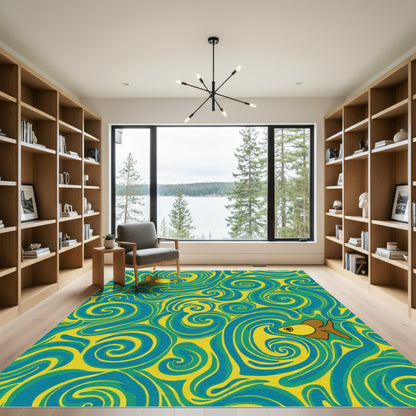 Whimsical Goldfish Swirl Teal Rug