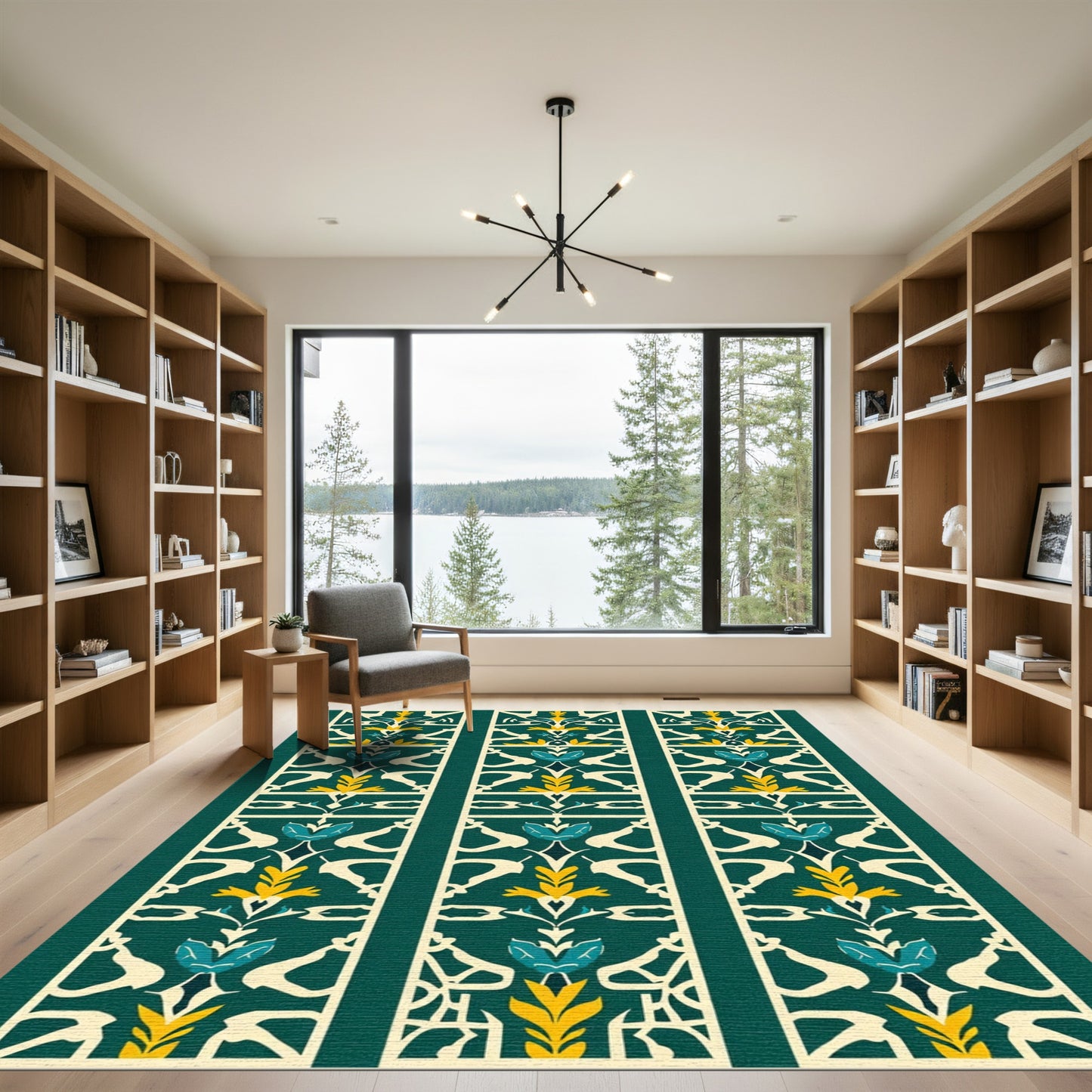 Teal Yellow Floral Lattice Panels Rug