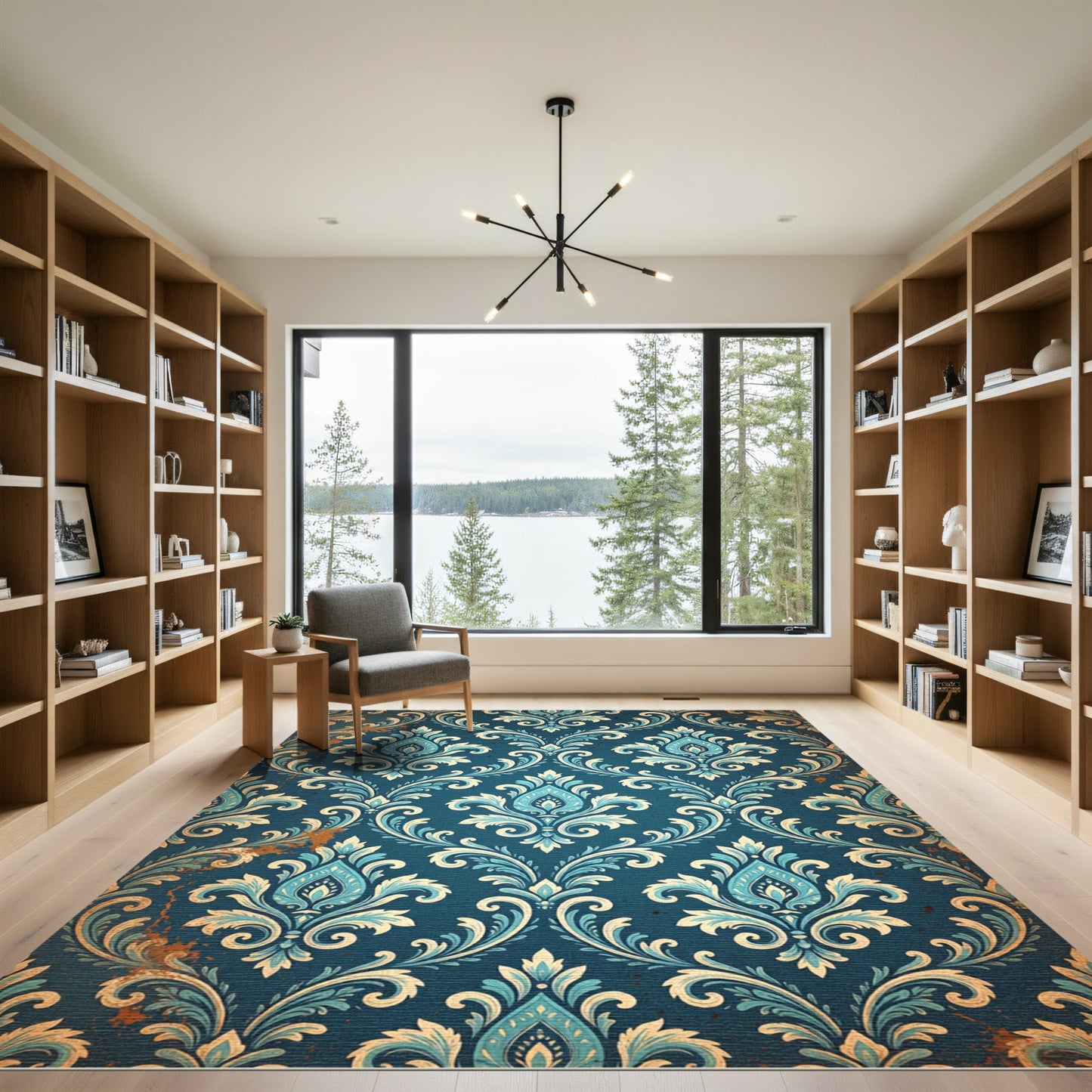 Elegant Teal Damask Floral Filigree Rug