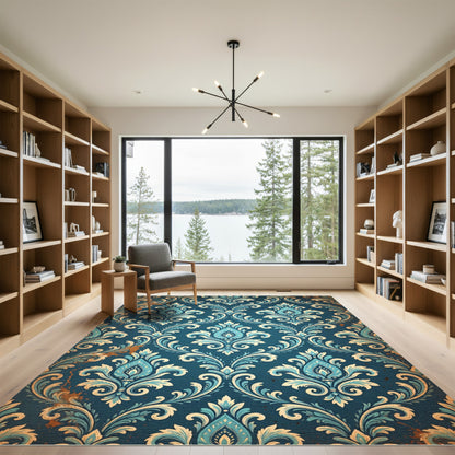 Elegant Teal Damask Floral Filigree Rug