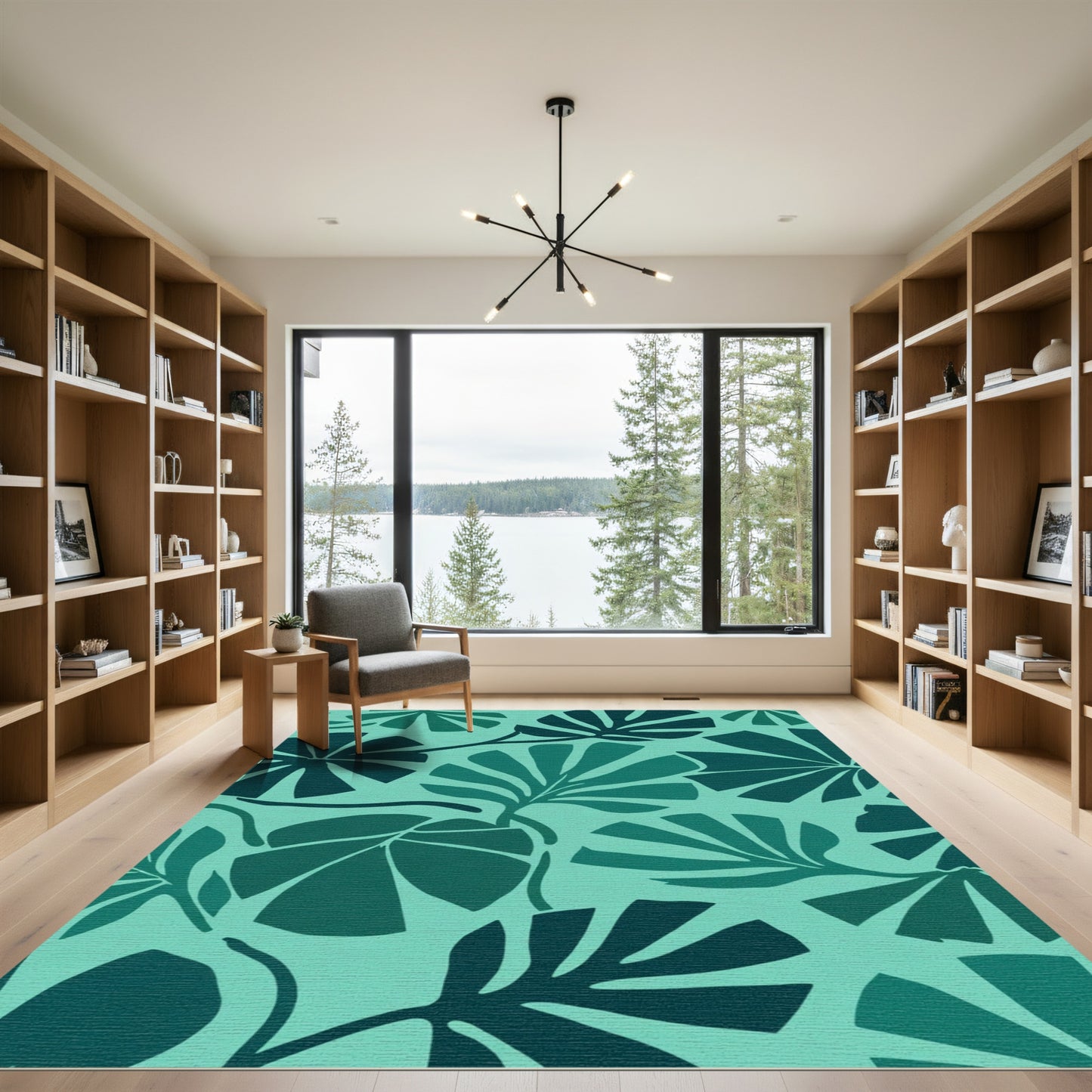 Teal Tropical Palm Leaf Repeat Rug