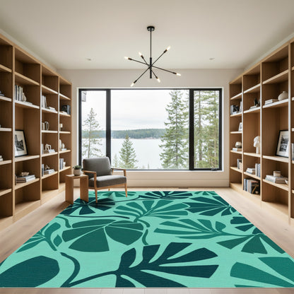 Teal Tropical Palm Leaf Repeat Rug