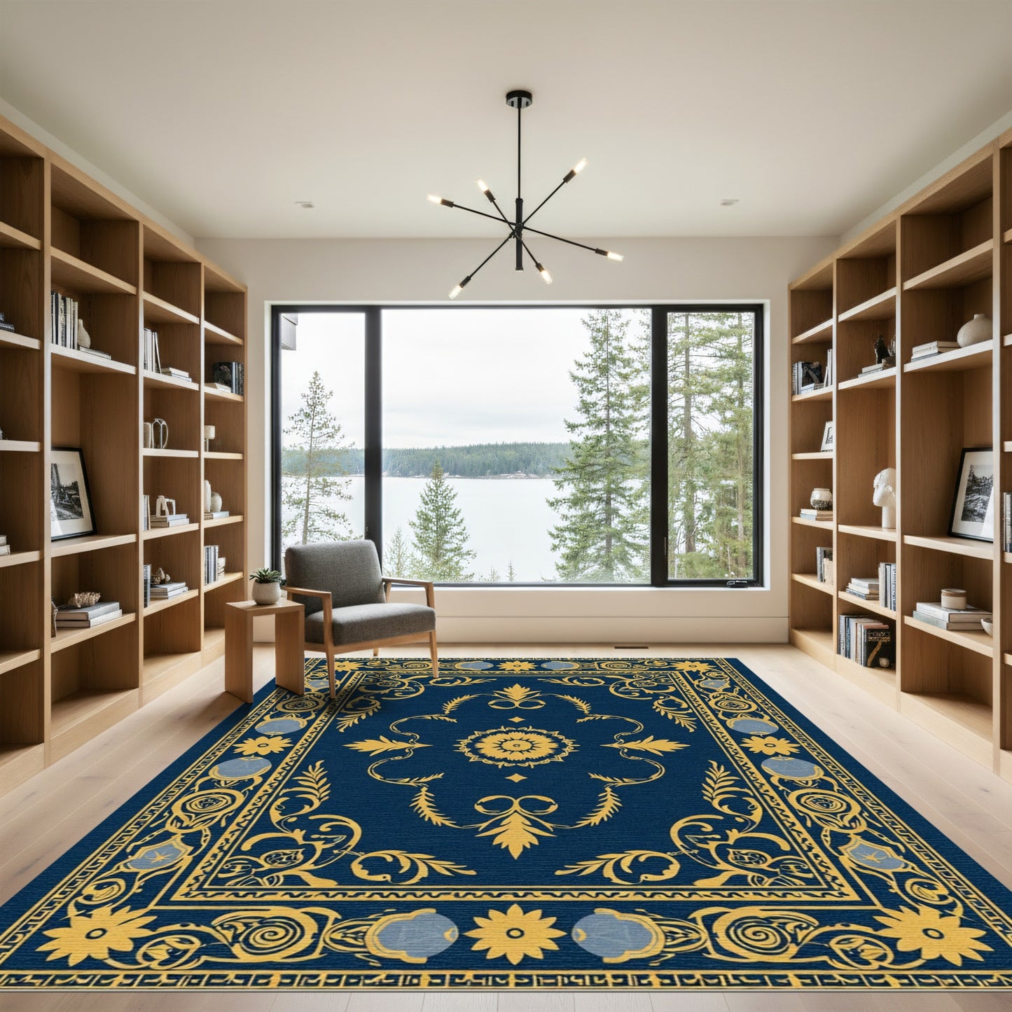 Deep Blue Golden Medallion Floral Rug