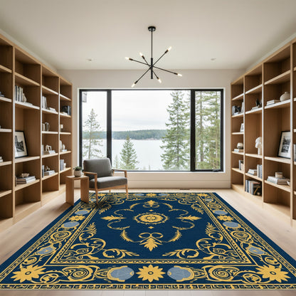 Deep Blue Golden Medallion Floral Rug
