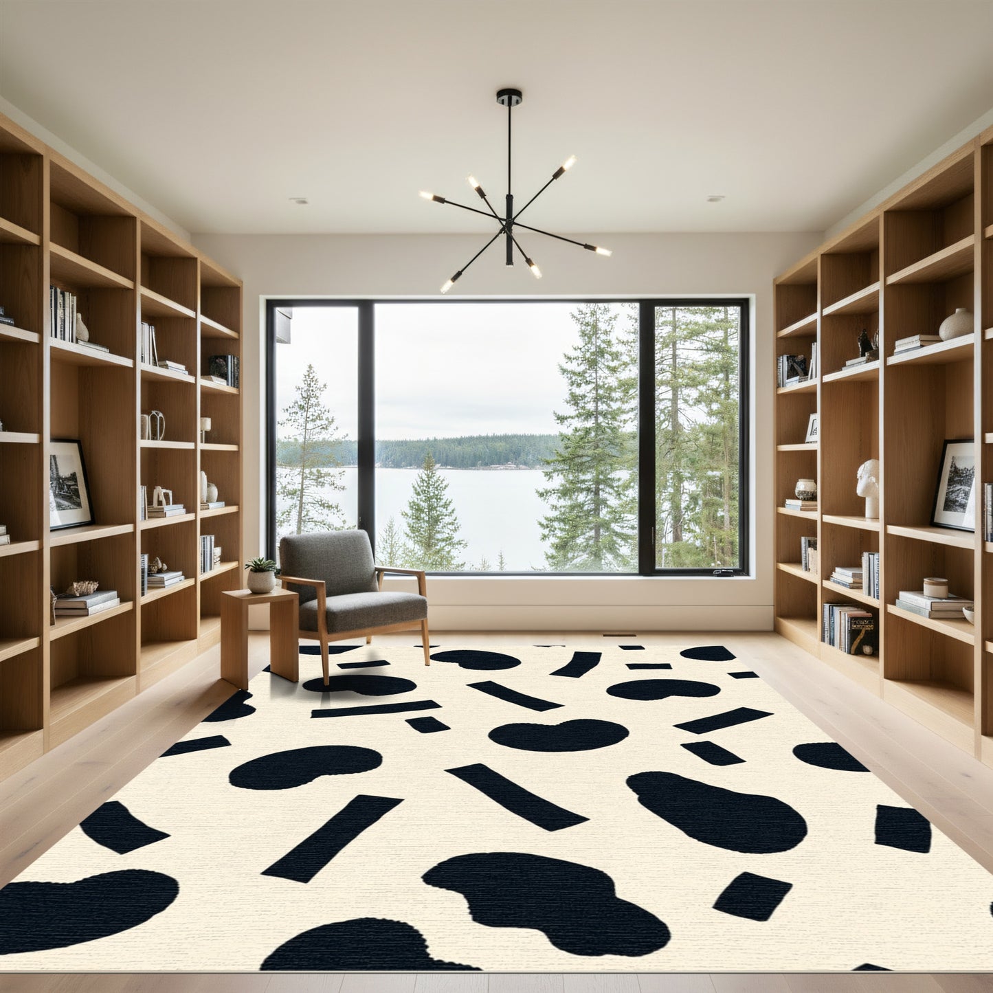 Black Organic Shapes Cream Background Rug