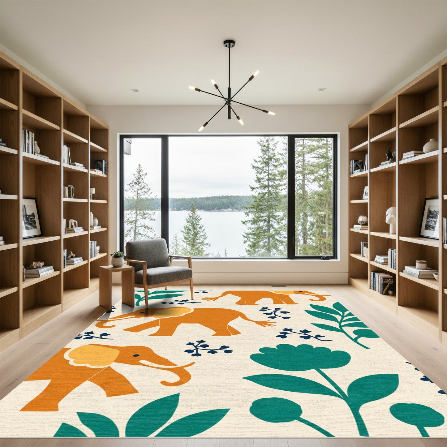Orange Elephant Teal Foliage Cream Background Rug