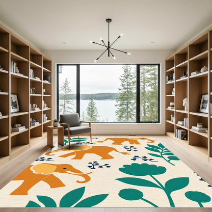 Orange Elephant Teal Foliage Cream Background Rug
