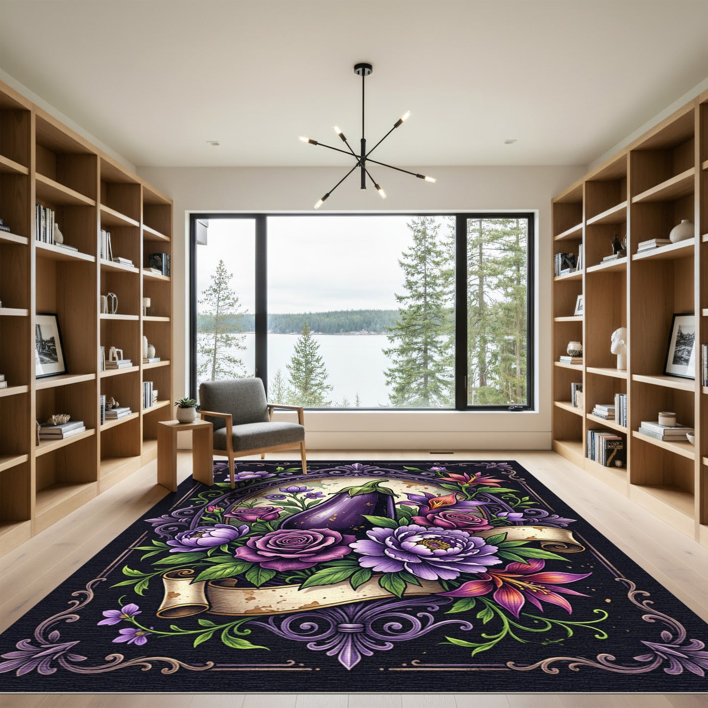 Elegant Eggplant Garden Botanical Frame Rug