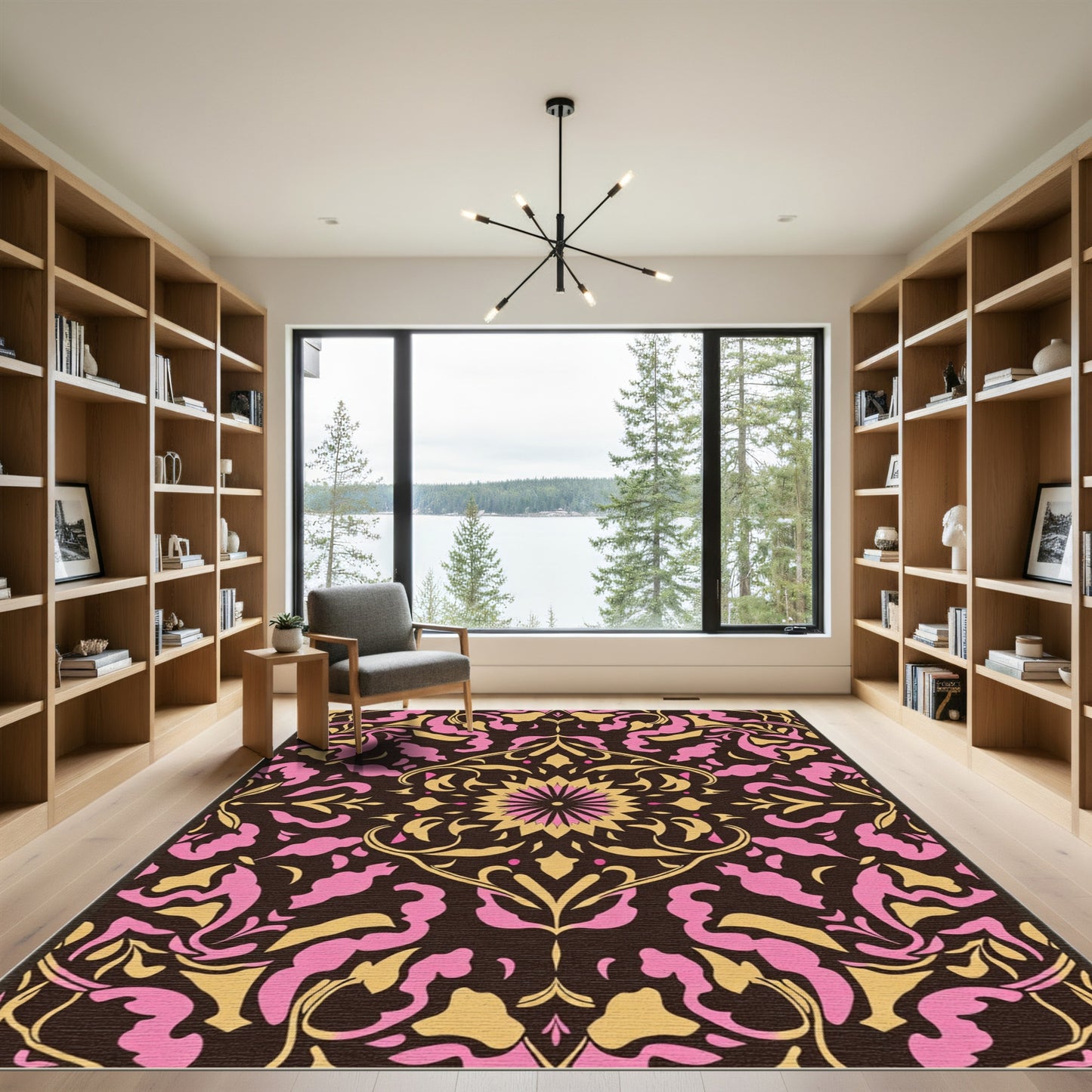Pink Gold Floral Medallion Dark Rug