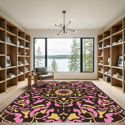 Pink Gold Floral Medallion Dark Rug
