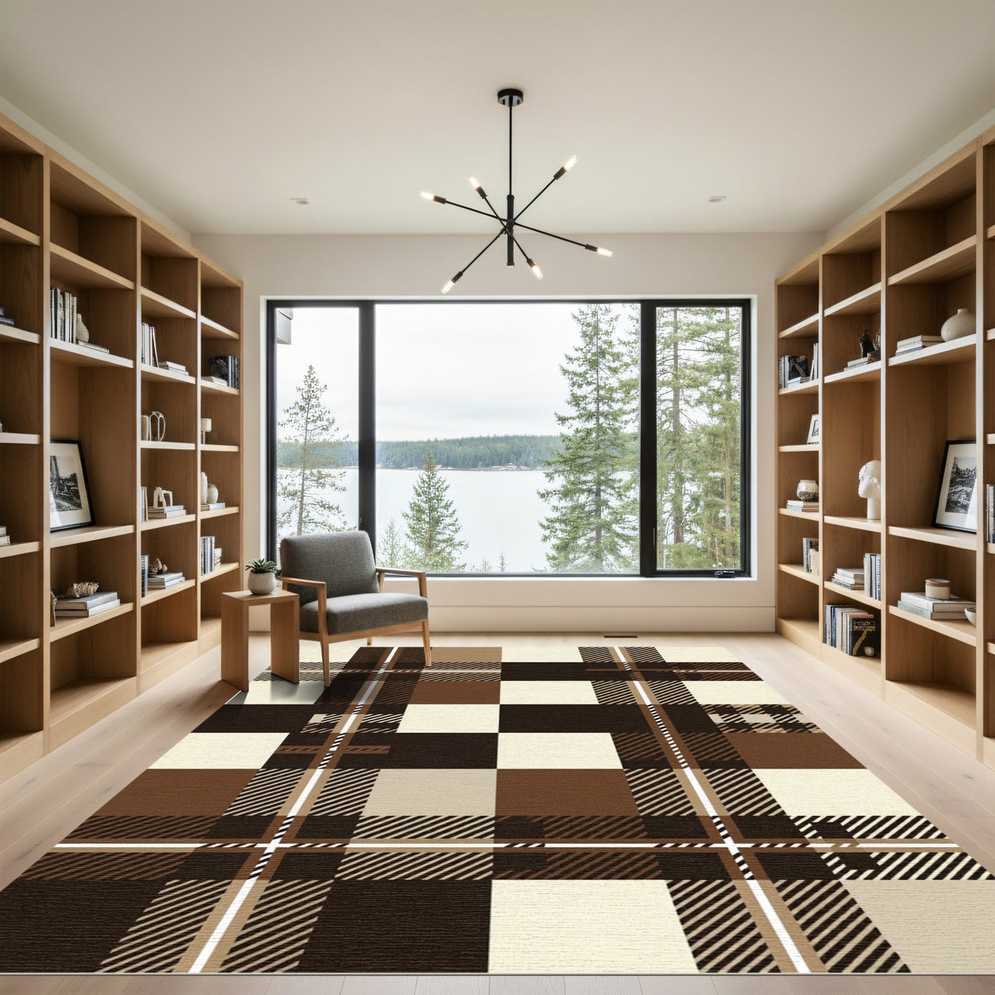 Brown Cream Plaid Checkered Square Rug
