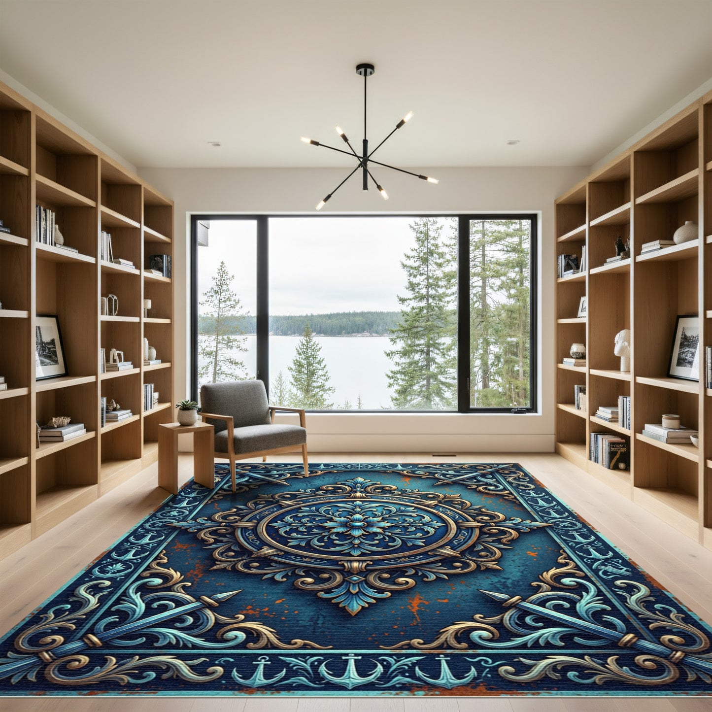 Ornate Blue Nautical Compass Medallion Rug