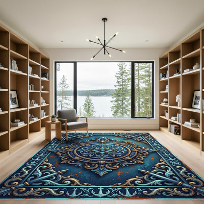 Ornate Blue Nautical Compass Medallion Rug