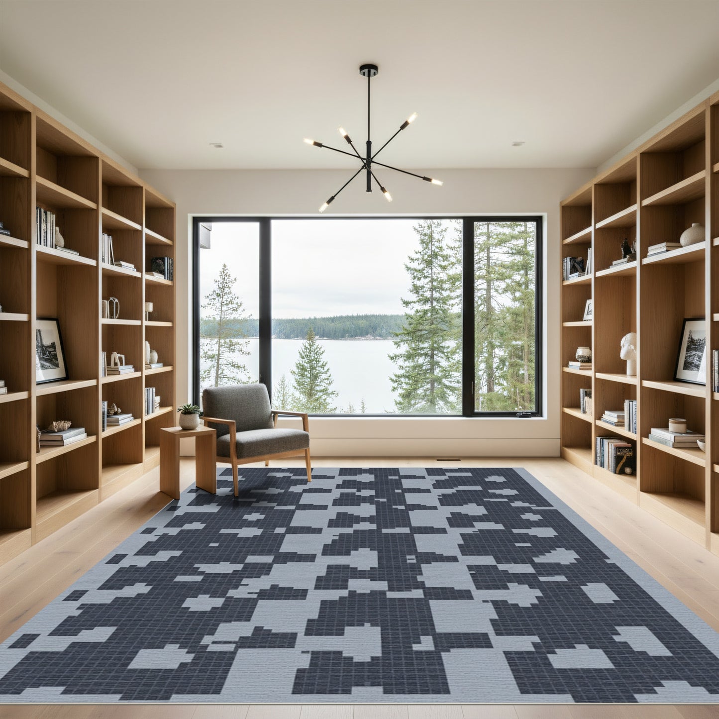 Charcoal Gray Abstract Grid Overlay Rug