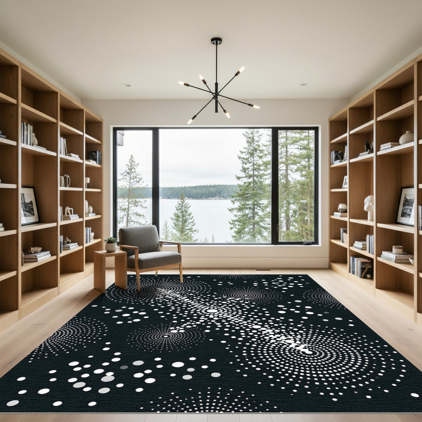 Monochrome White Spiral Burst Rug