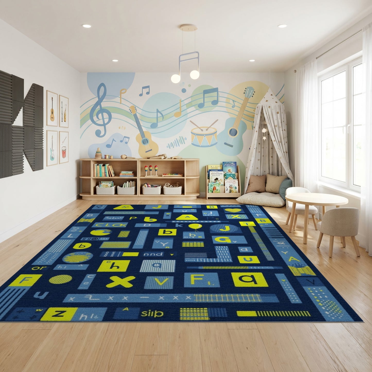 Playful Yellow Blue Alphabet Collage Rug