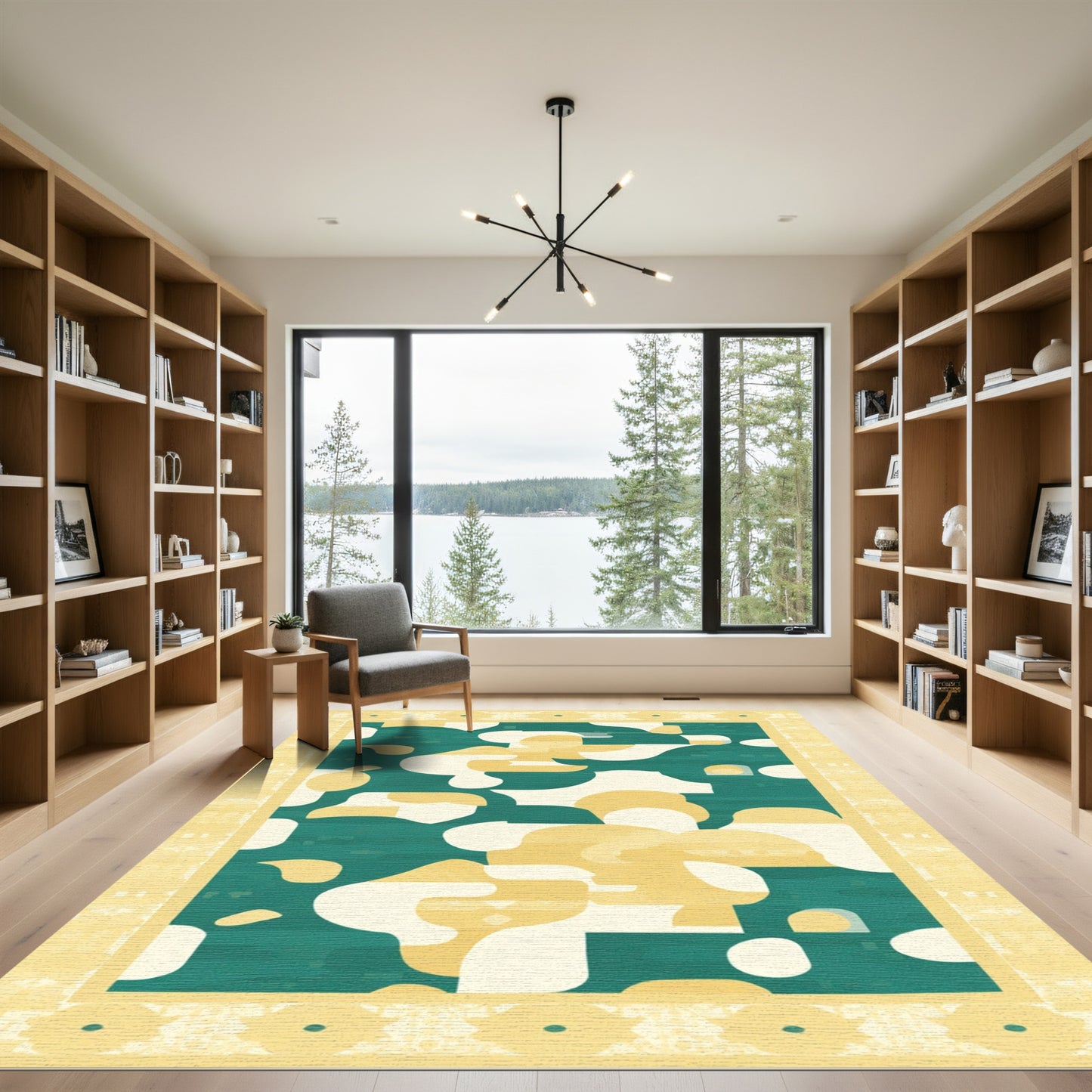 Teal Abstract Organic Shapes Golden Border Rug