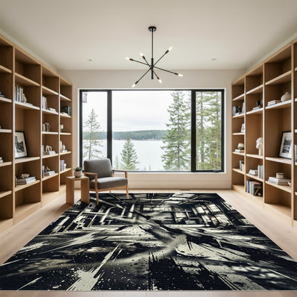 Monochrome Industrial Abstract Ink Splatter Rug