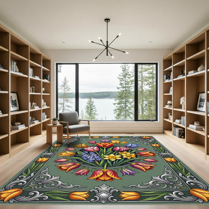 Vintage Floral Bouquet Garden Tulips Rug