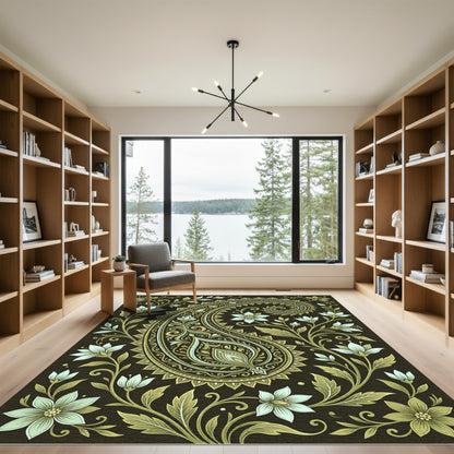 Rich Green Paisley Floral Scroll Rug
