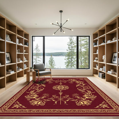 Crimson Golden Floral Medallion Border Rug
