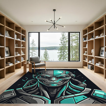 Cybernetic Teal Alien Portrait Graphic Rug