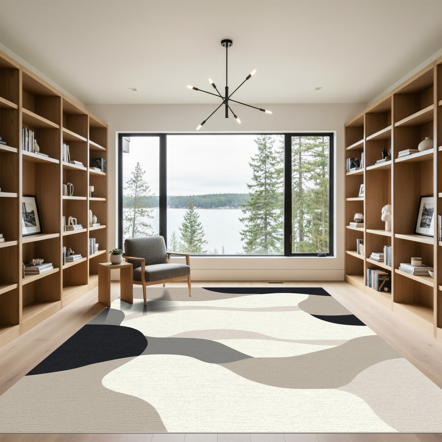 Abstract Beige Black Wavy Terrain Rug