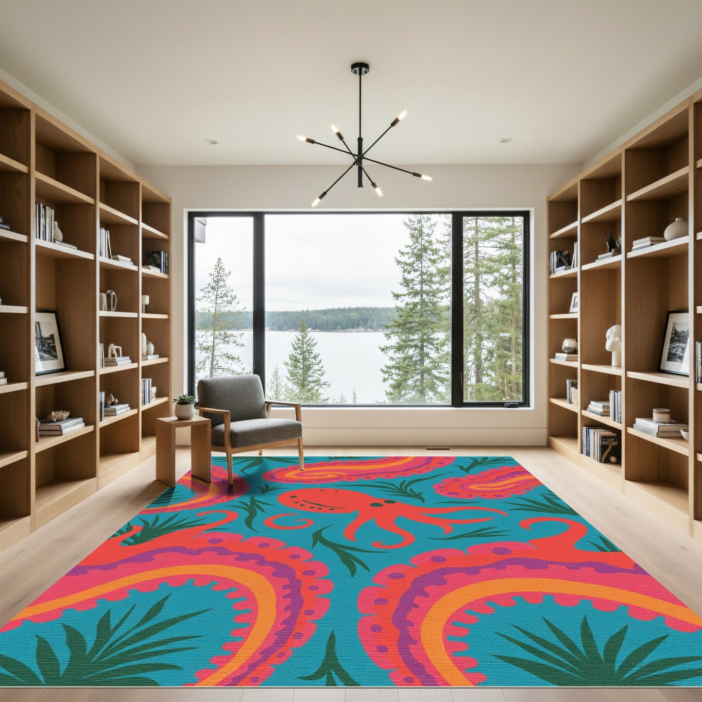 Vibrant Coral Octopus Paisley Swirls Rug