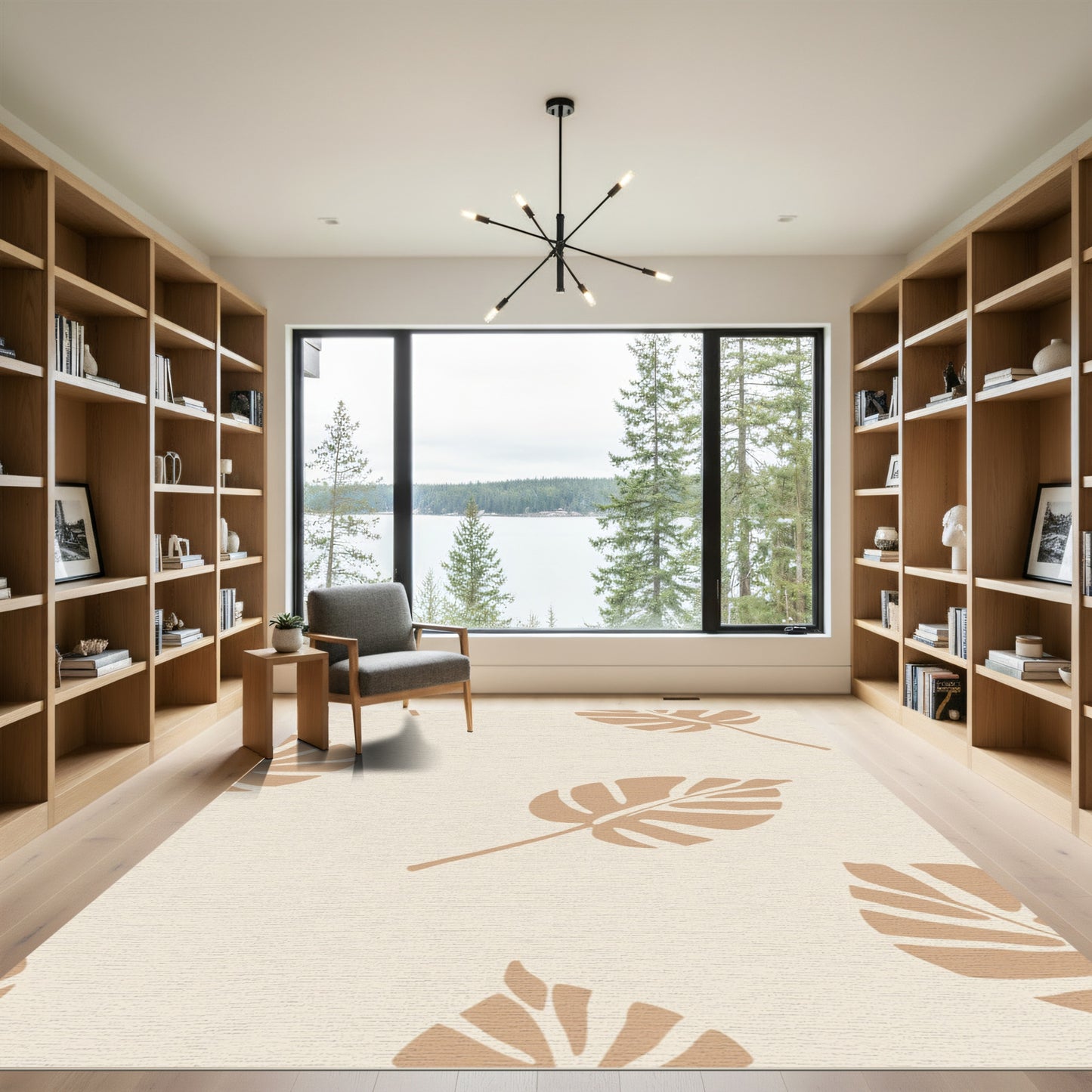Neutral Beige Tropical Leaf Repetition Rug