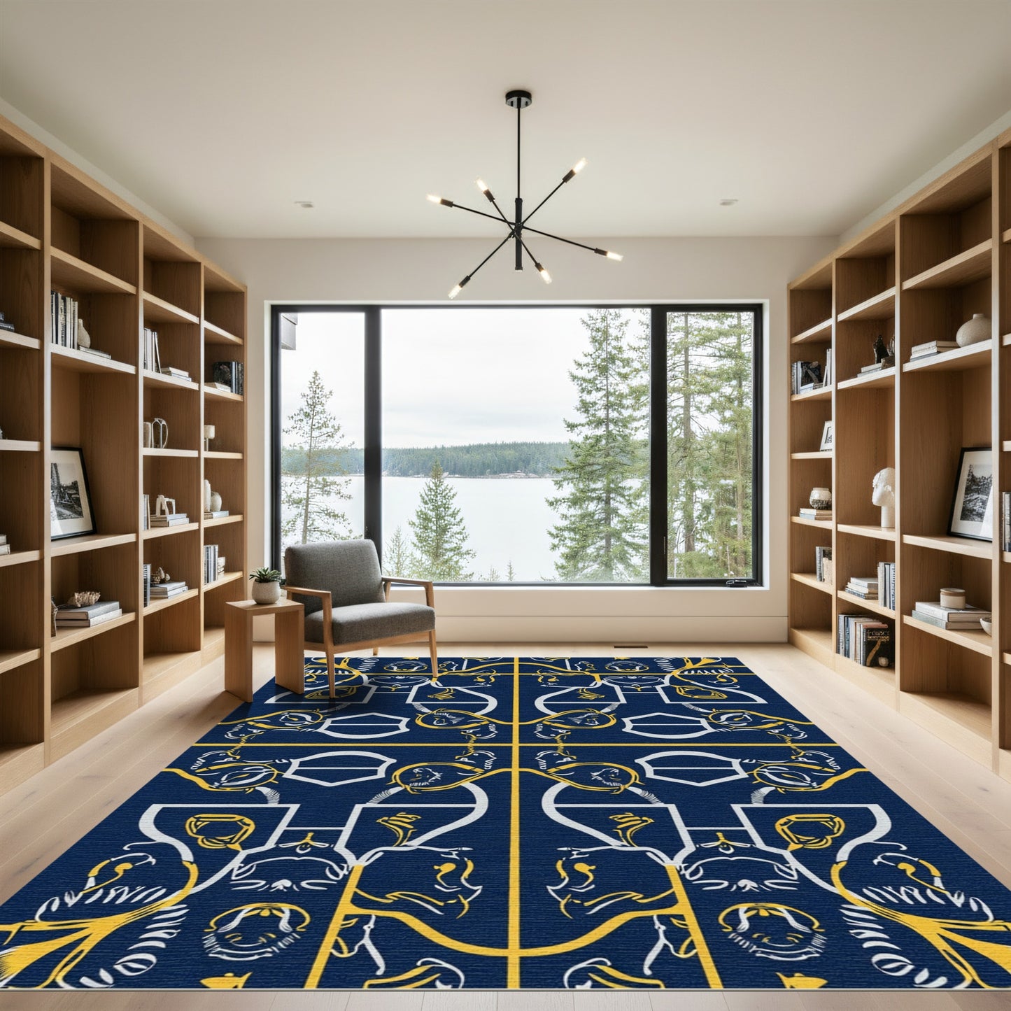 Dark Blue Yellow White Medallion Rug