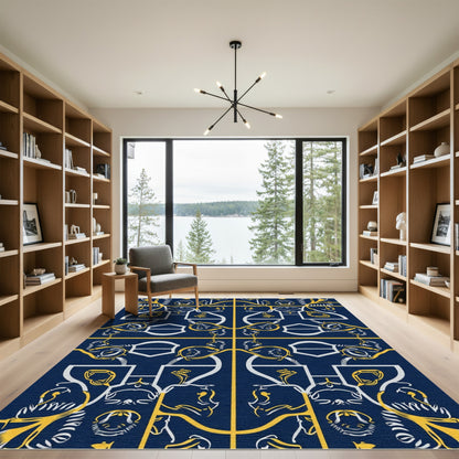 Dark Blue Yellow White Medallion Rug