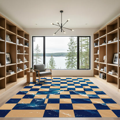 Abstract Ocean Wave Checkerboard Navy Sand Rug