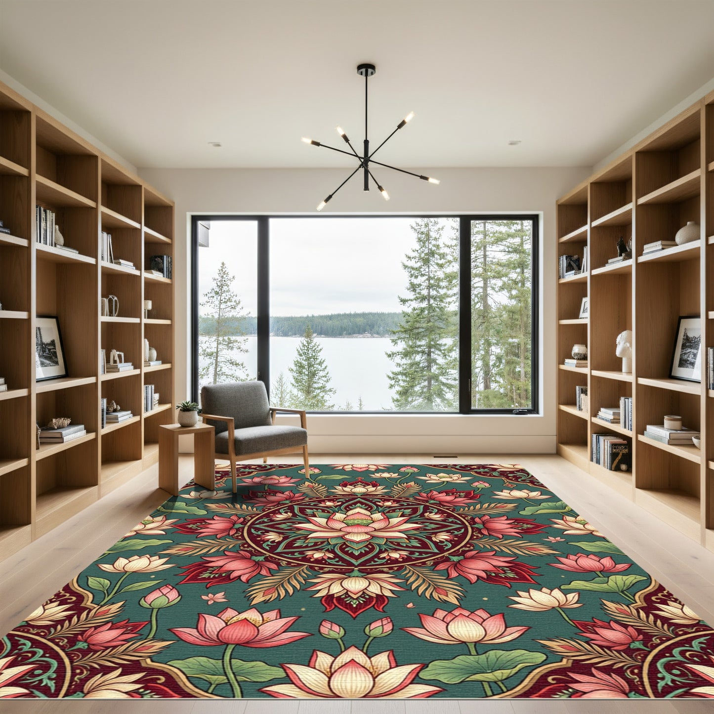 Crimson Lotus Garden Mandala Rug