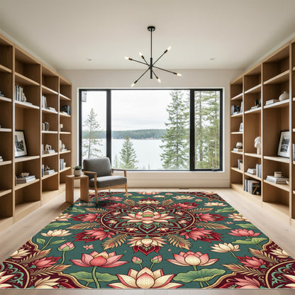 Crimson Lotus Garden Mandala Rug