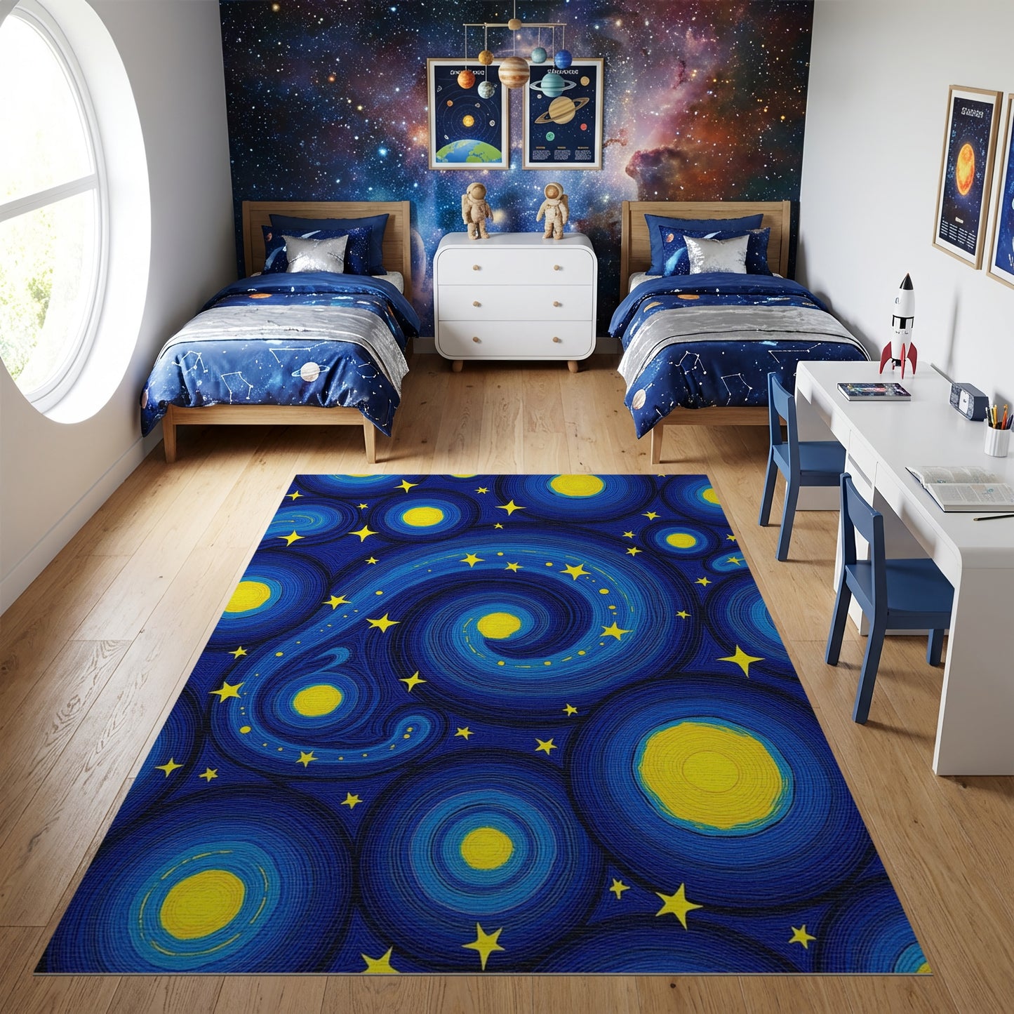 Navy Swirling Stars Yellow Circles Rug