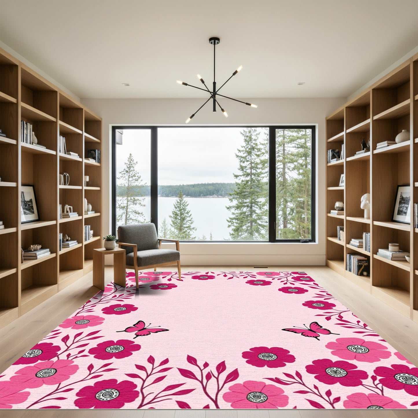 Pink Floral Butterfly Garden Delight Rug