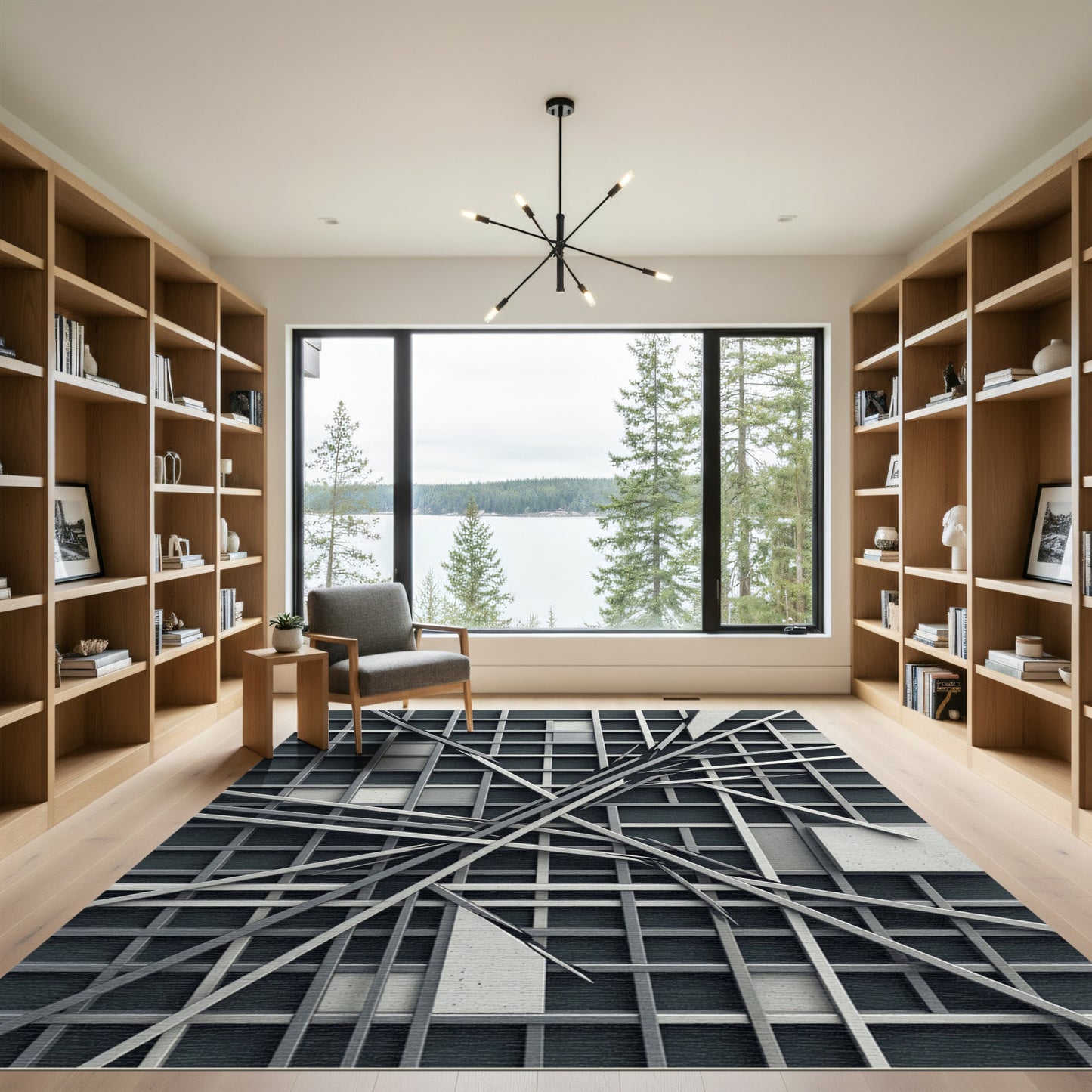 Monochromatic Modern Geometric Steel Grid Rug