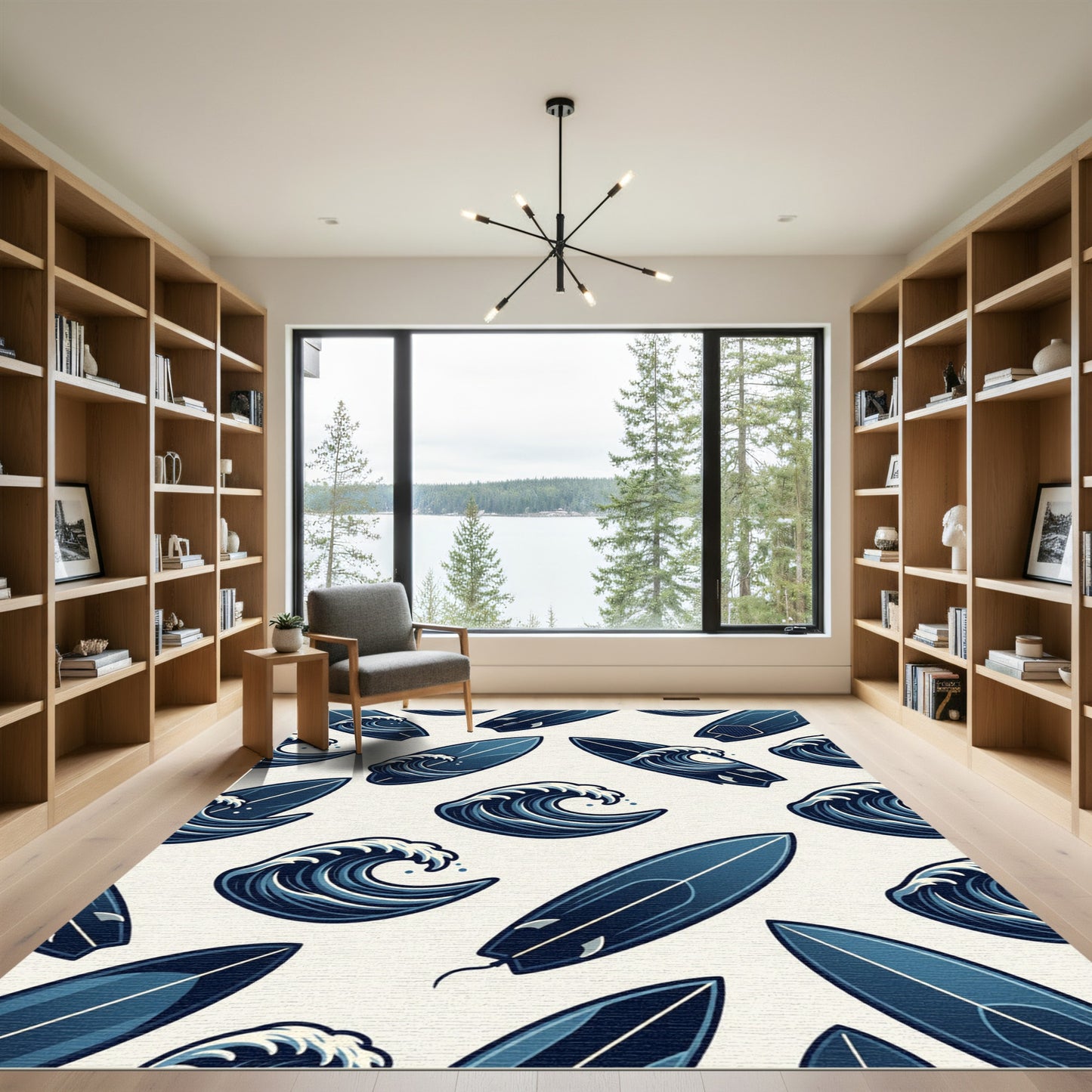 Coastal Navy Surfboard and Wave Art Rug