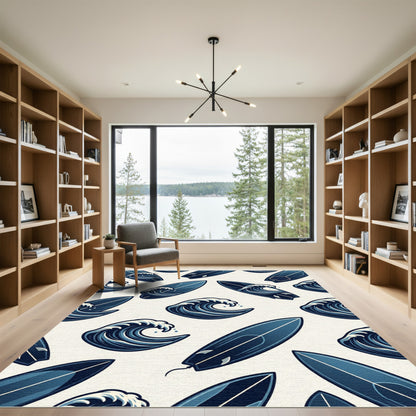 Coastal Navy Surfboard and Wave Art Rug