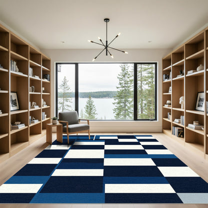 Modern Navy and White Geometric Block Rug
