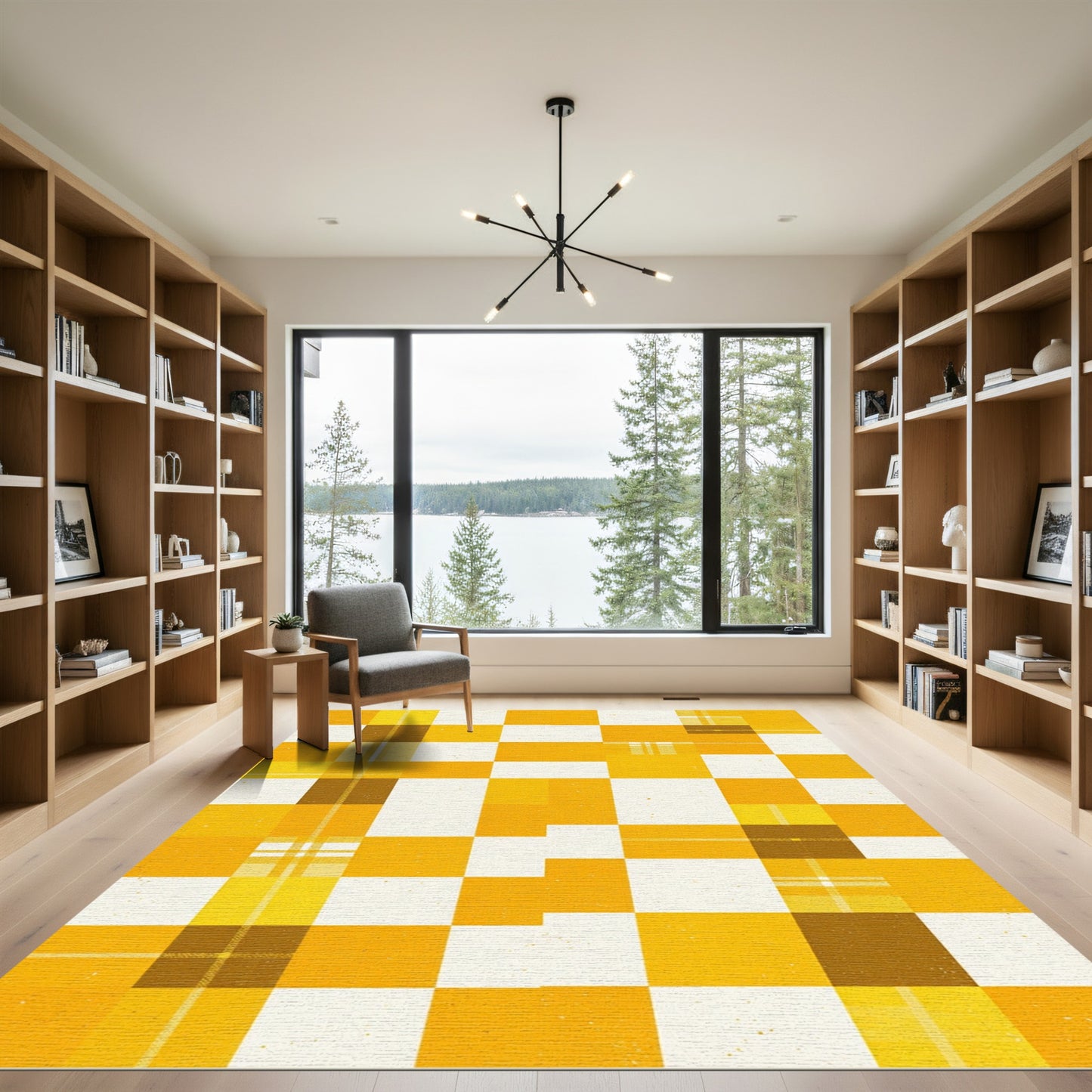 Golden Yellow Plaid Checkered Squares Rug