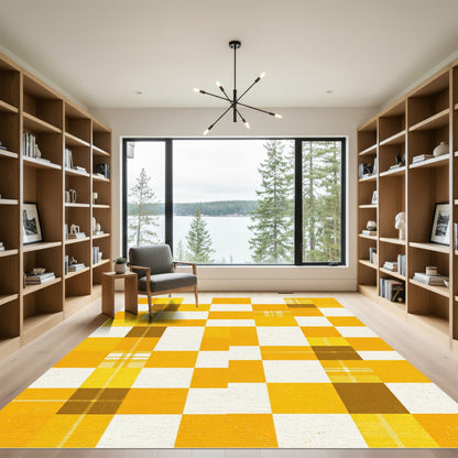 Golden Yellow Plaid Checkered Squares Rug