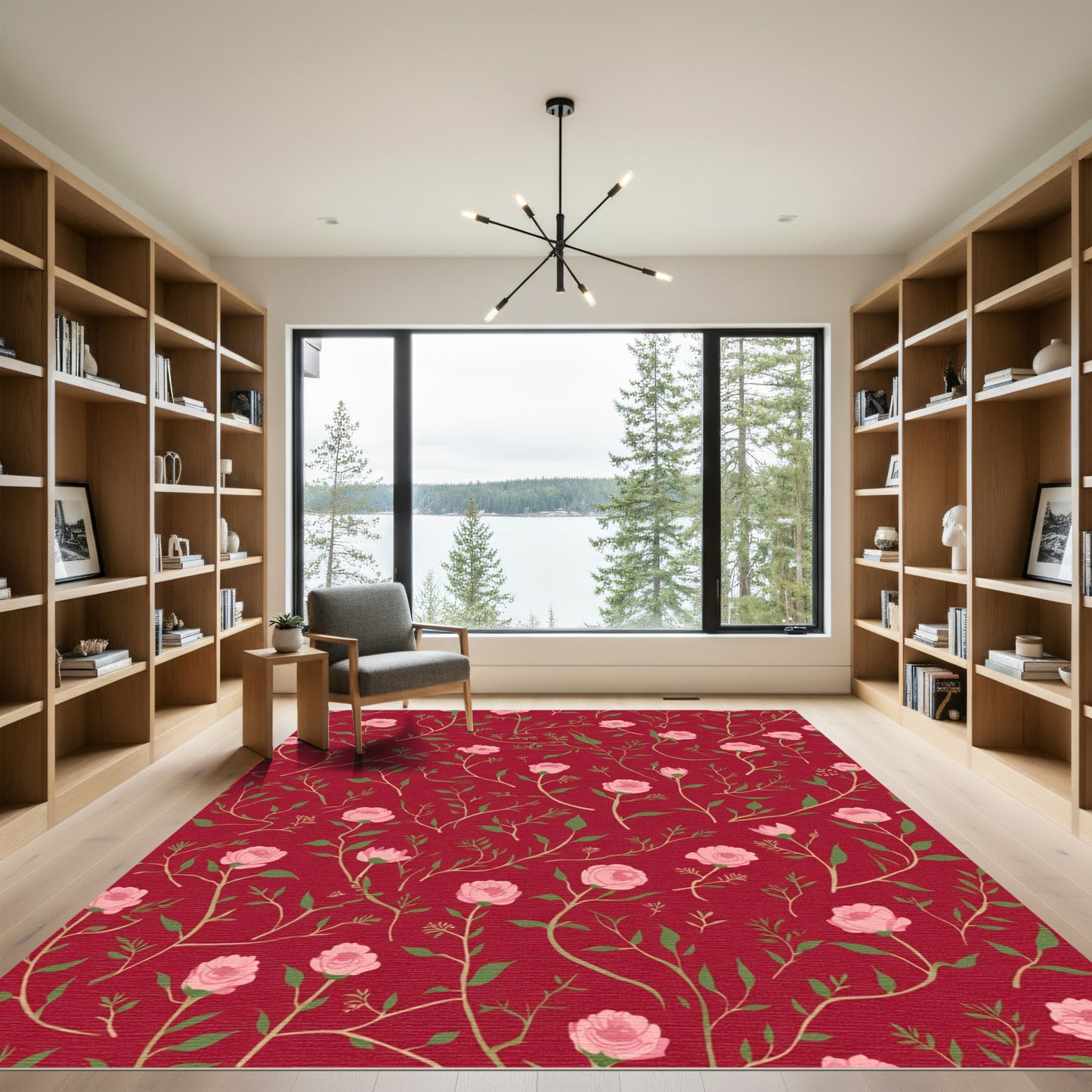 Charming Pink Roses Garden Whimsical Red Rug