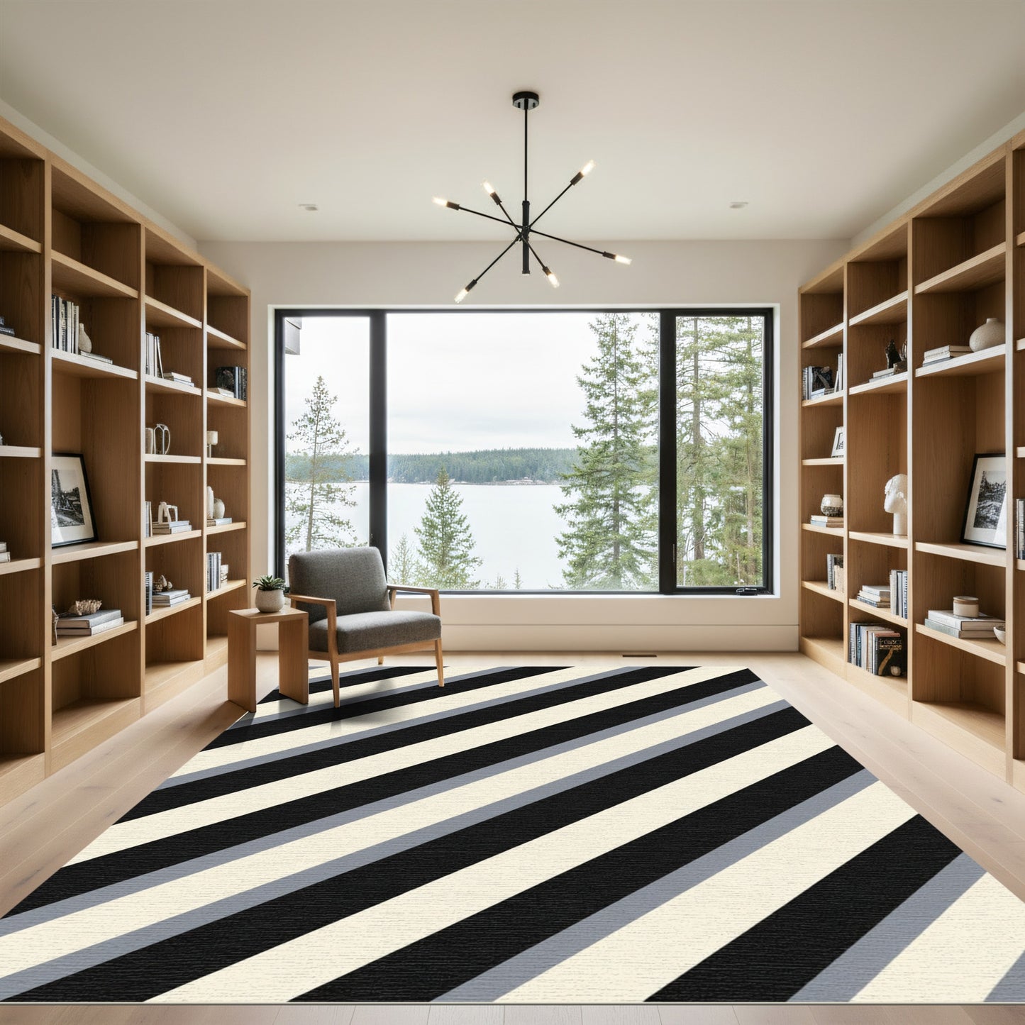 Classic Black Cream Gray Diagonal Stripes Rug