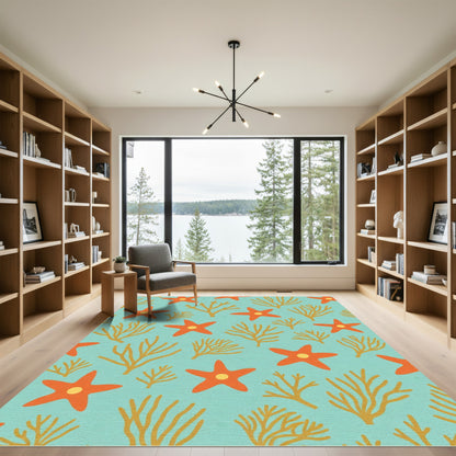 Orange Starfish Aquatic Coral Pattern Rug