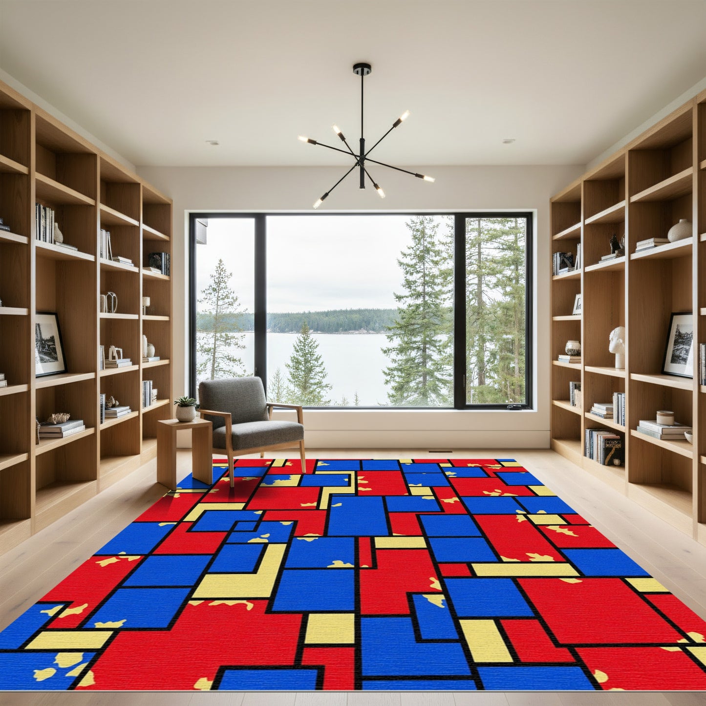 Geometric Red Blue Yellow Composition Rug