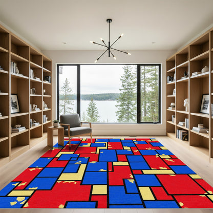 Geometric Red Blue Yellow Composition Rug