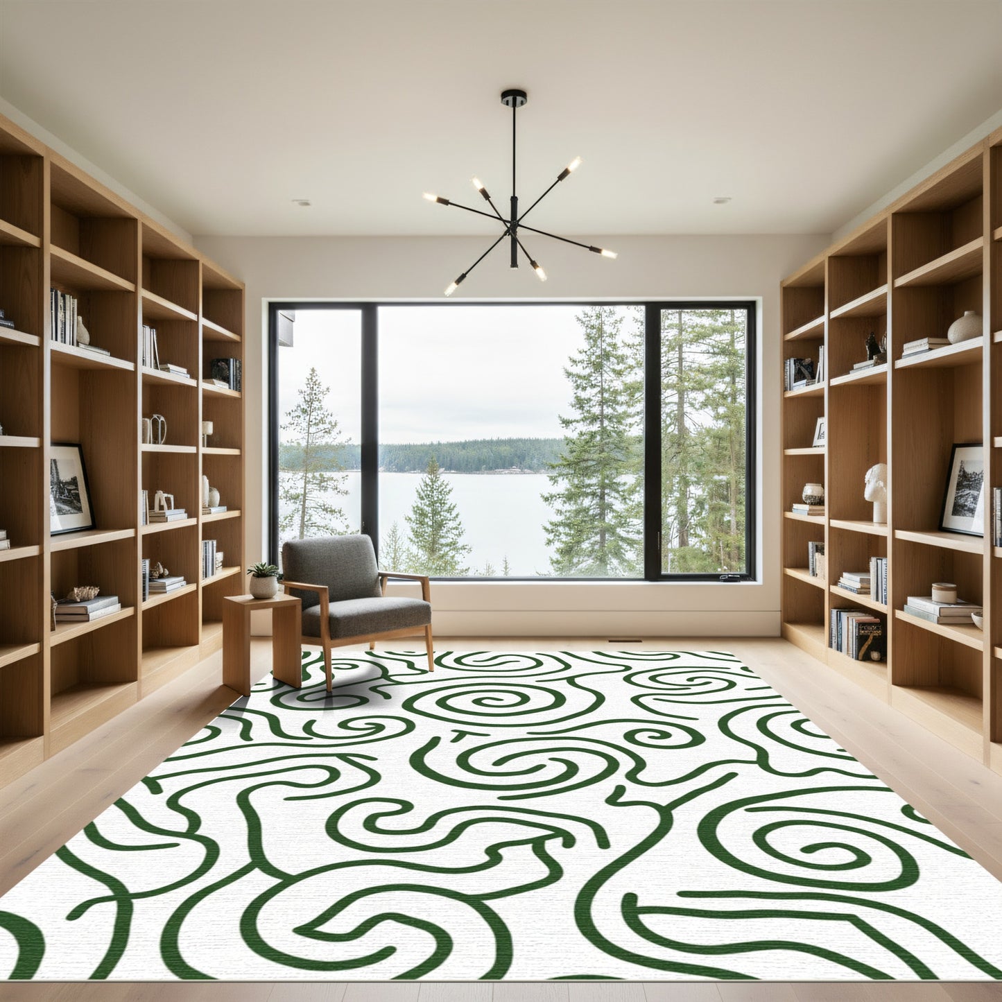 Deep Green Swirl Abstract Lines Rug