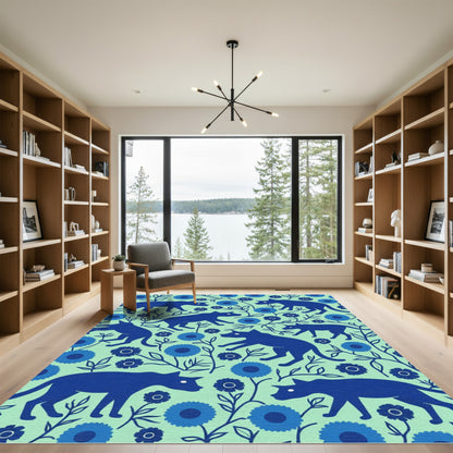 Dark Blue Canines Floral Mint Contemporary Rug